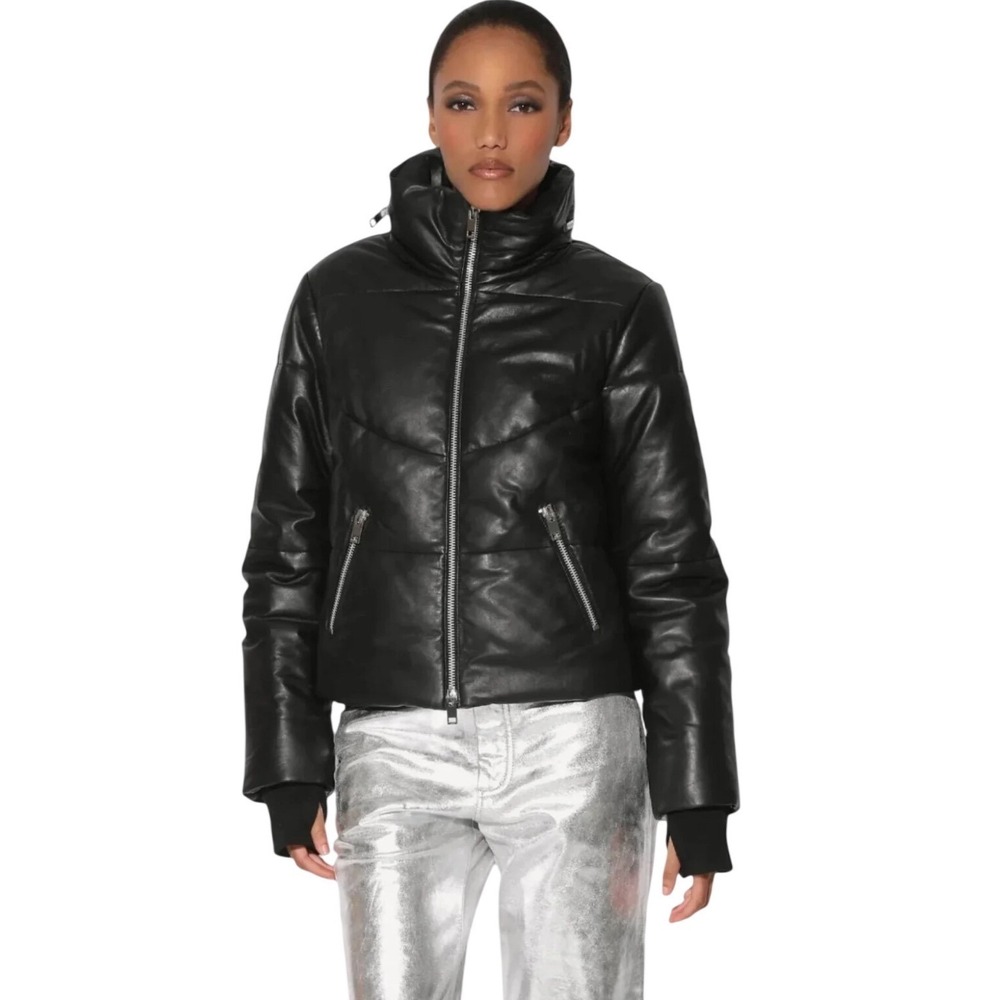 Walter Baker Black Lamb Leather Puffer Jacket XS Cropped Moto Luxury Quilted